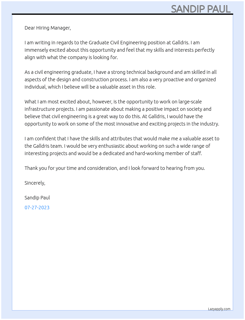 Graduate Civil Engineering  At Galldris Cover Letter