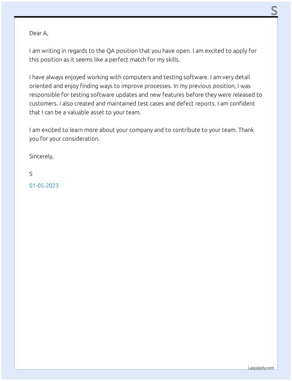 QA At A Cover Letter
