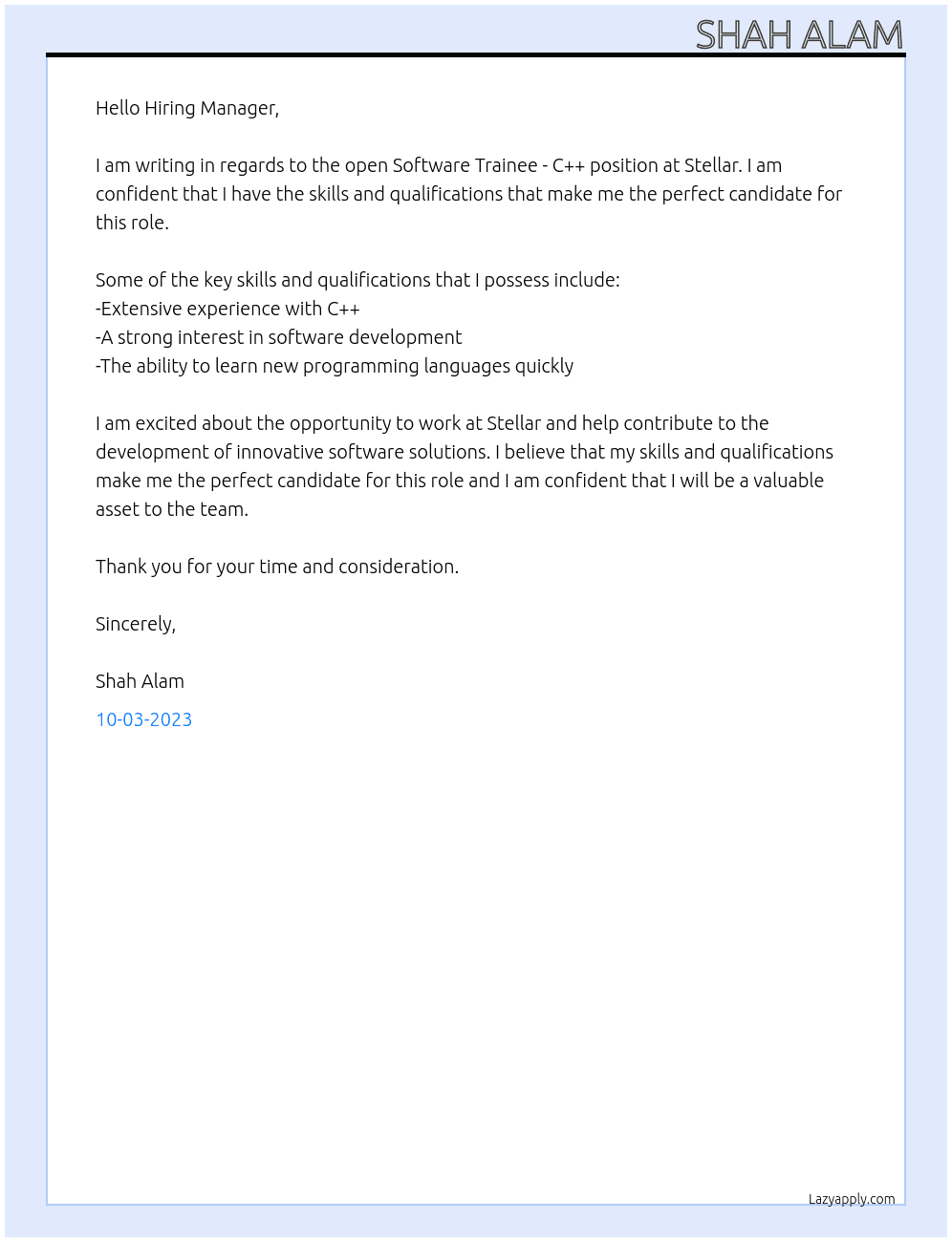 Software Trainee - C++ At Stellar Cover Letter