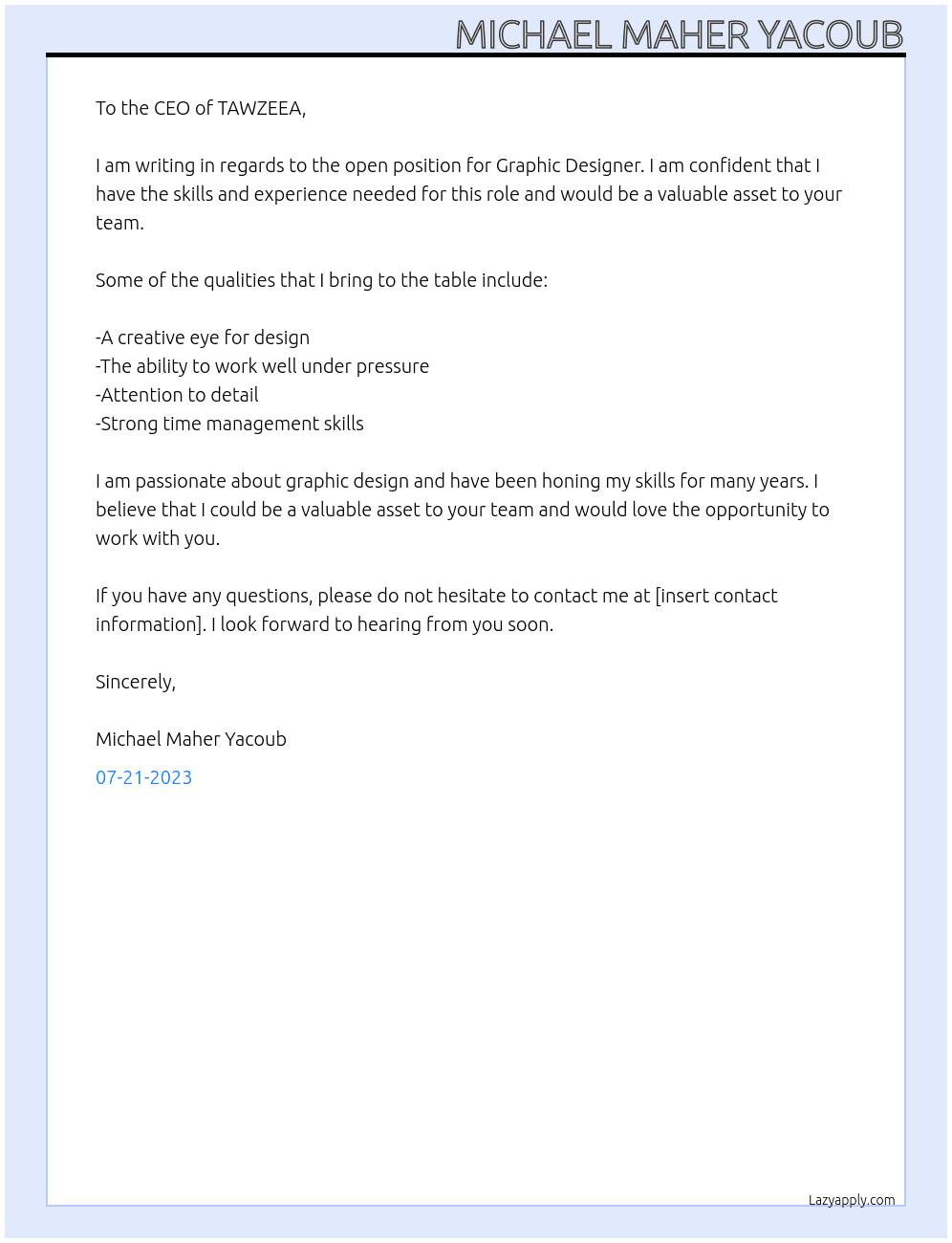Graphic Designer At TAWZEEA Cover Letter