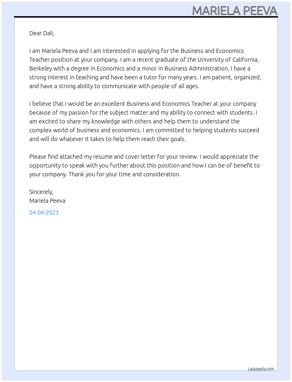 Business and Economics Teacher At Dali Cover Letter