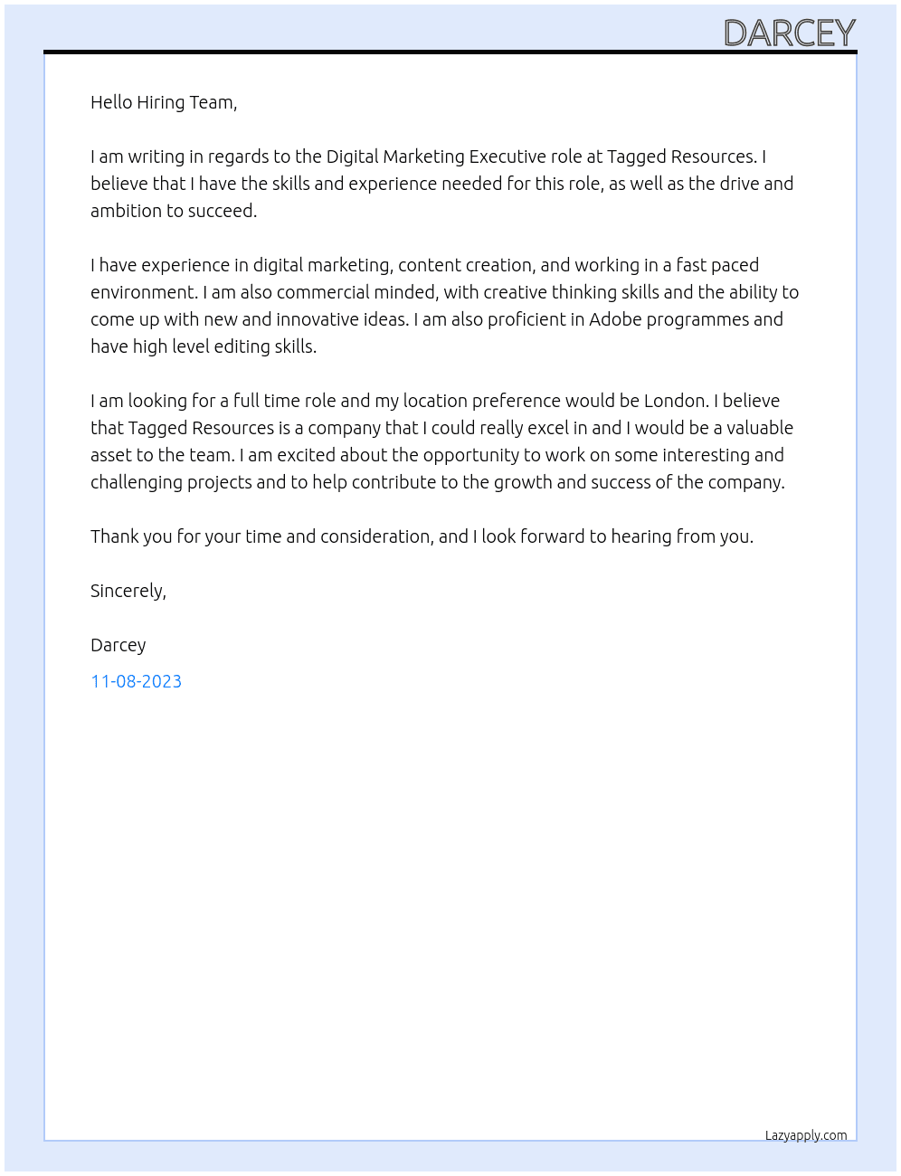 Digital Marketing Executive  At Tagged Resources Cover Letter