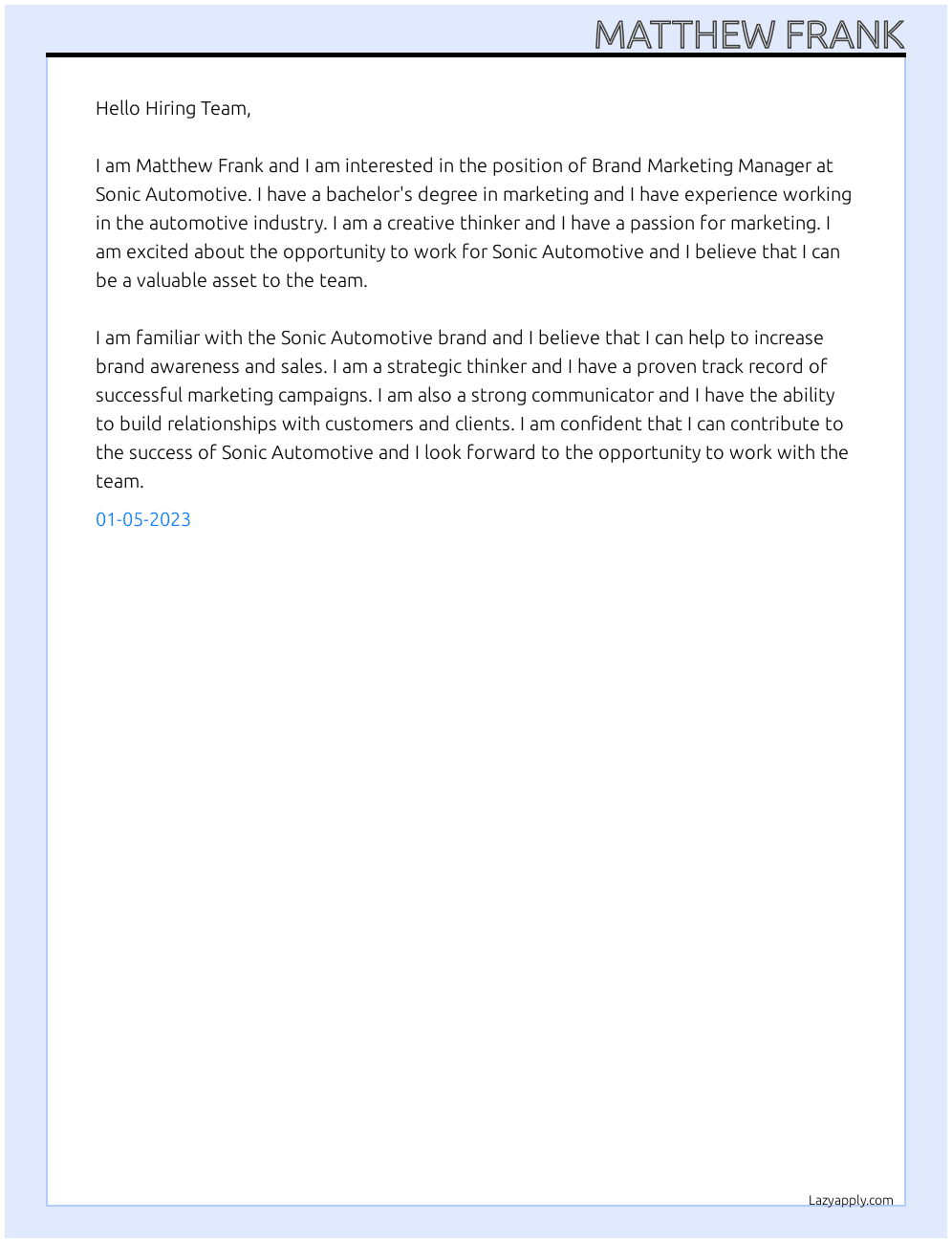 Brand Marketing Manager At Sonic Automotive Cover Letter