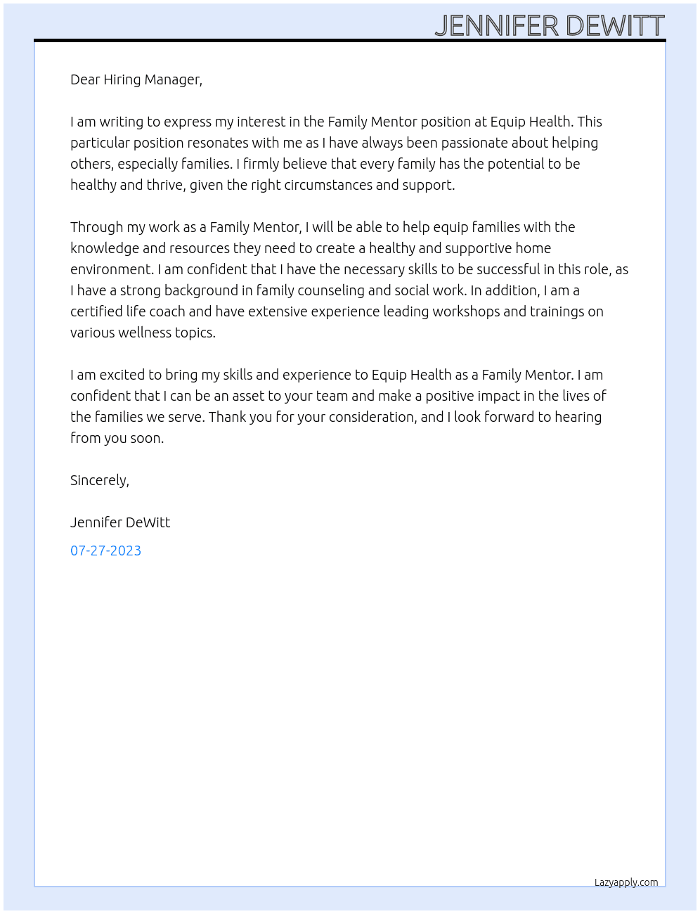 Family Mentor At Equip Health Cover Letter