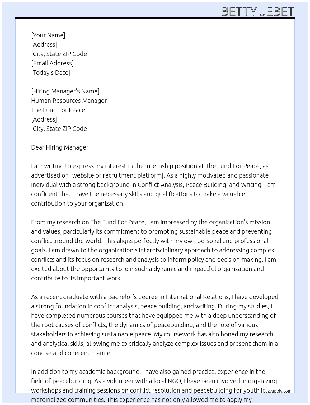 Internship At The Fund For Peace Cover Letter