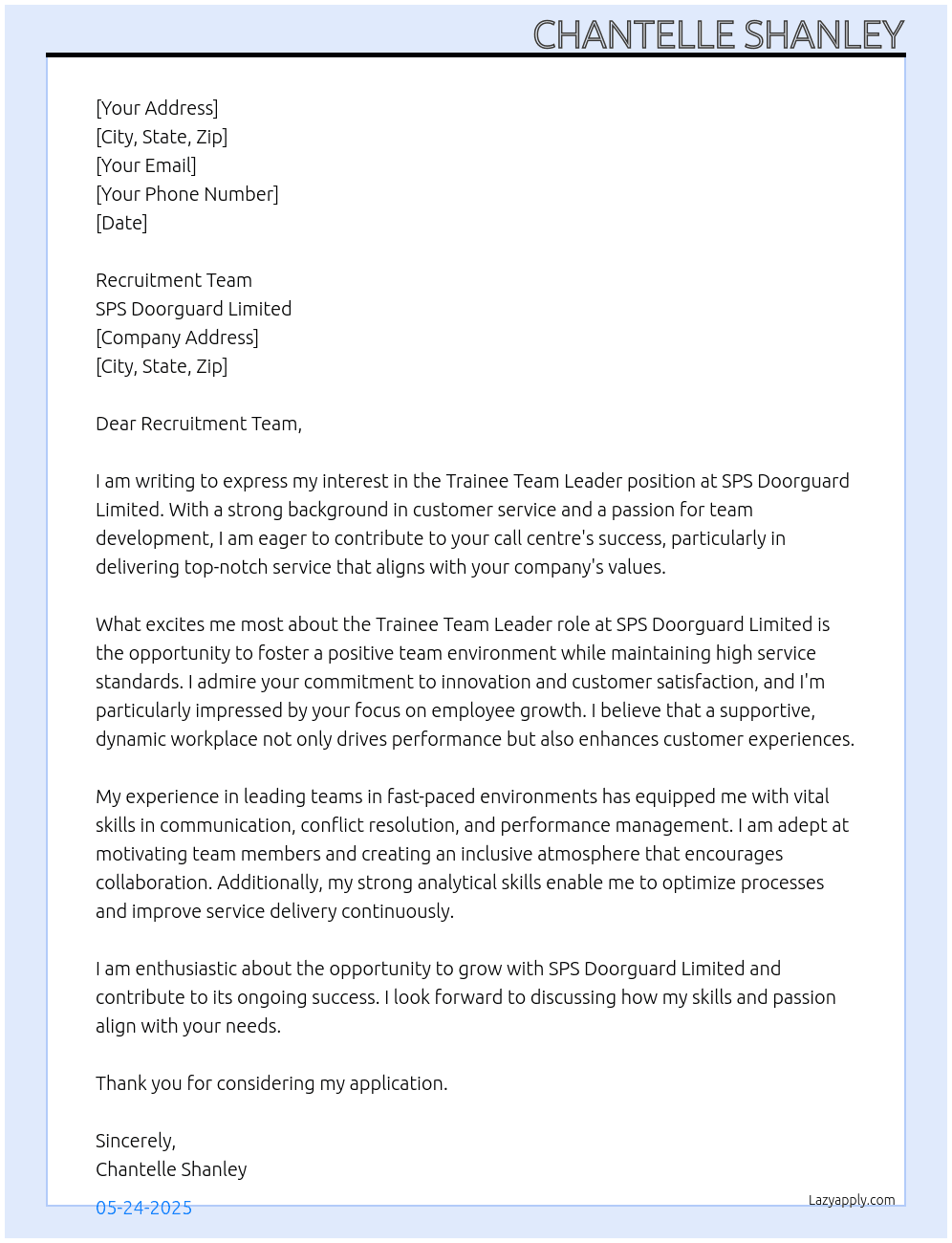 Trainee Team Leader - Call Centre At SPS Doorguard Limited  Cover Letter