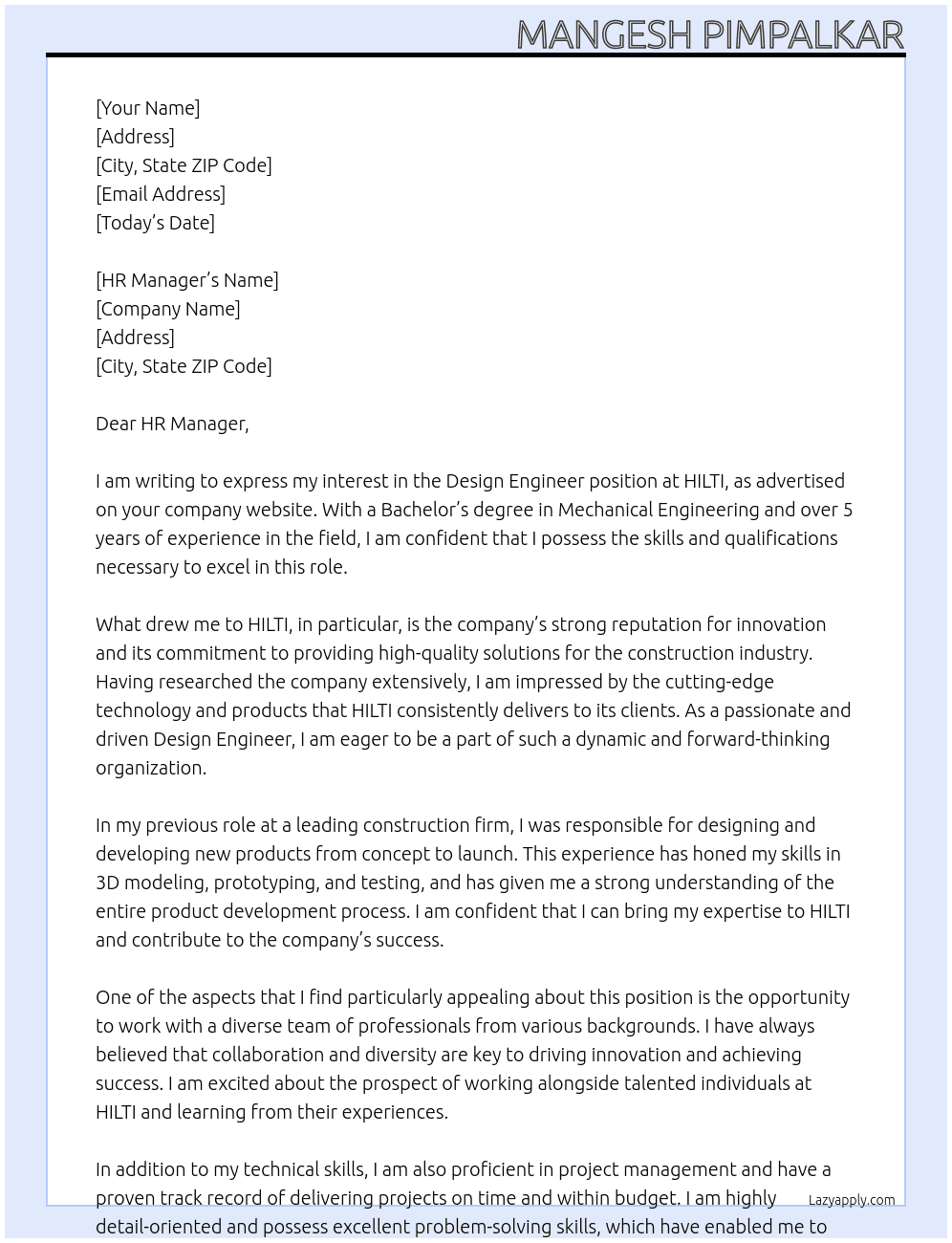 Design Engineer At HILTI Cover Letter