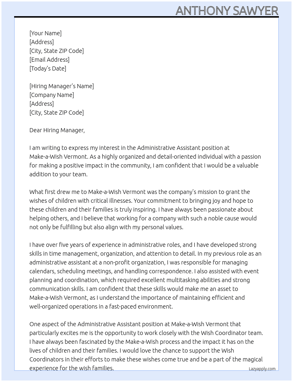 Administrative Assistant At Make-a-Wish Vermont Cover Letter