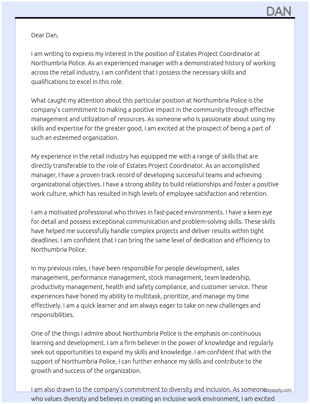 Estates Project Coordinator At Northumbria Police Cover Letter