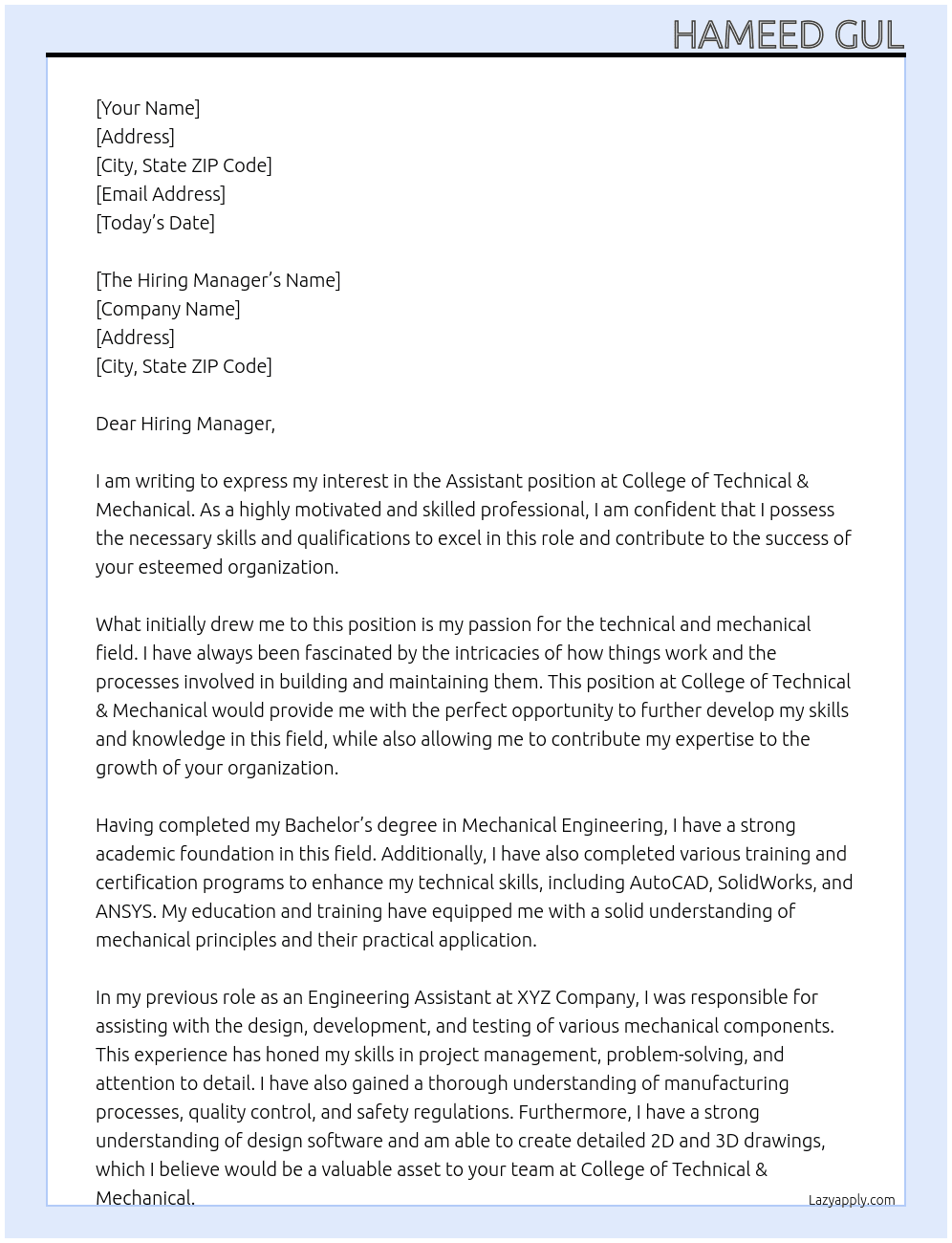 Assistant At College of Technical& Mechniacl Cover Letter