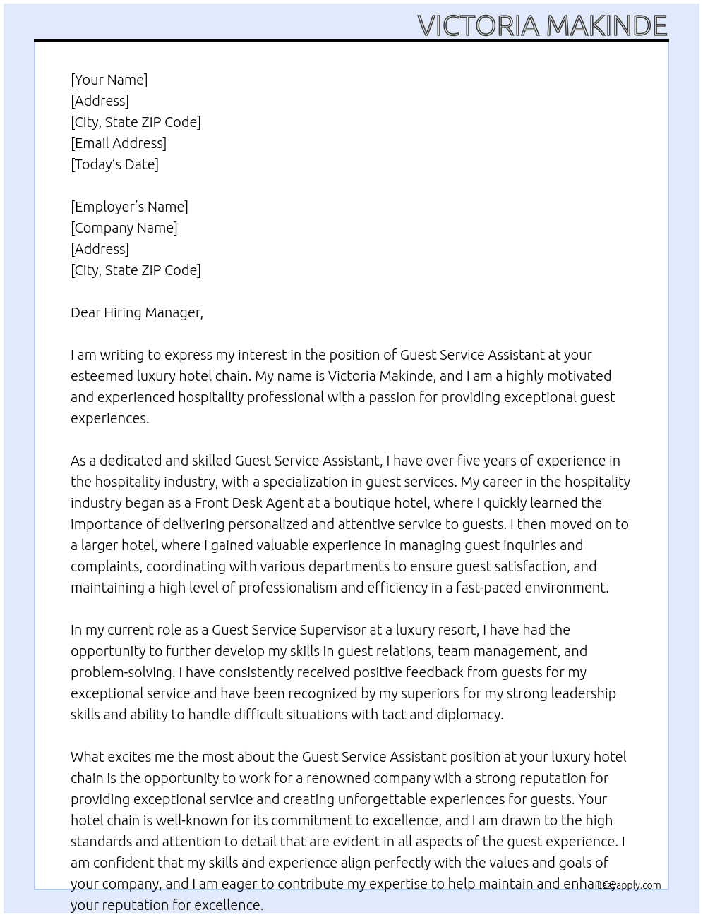 Guest Service Assistant At luxury hotel chain  Cover Letter