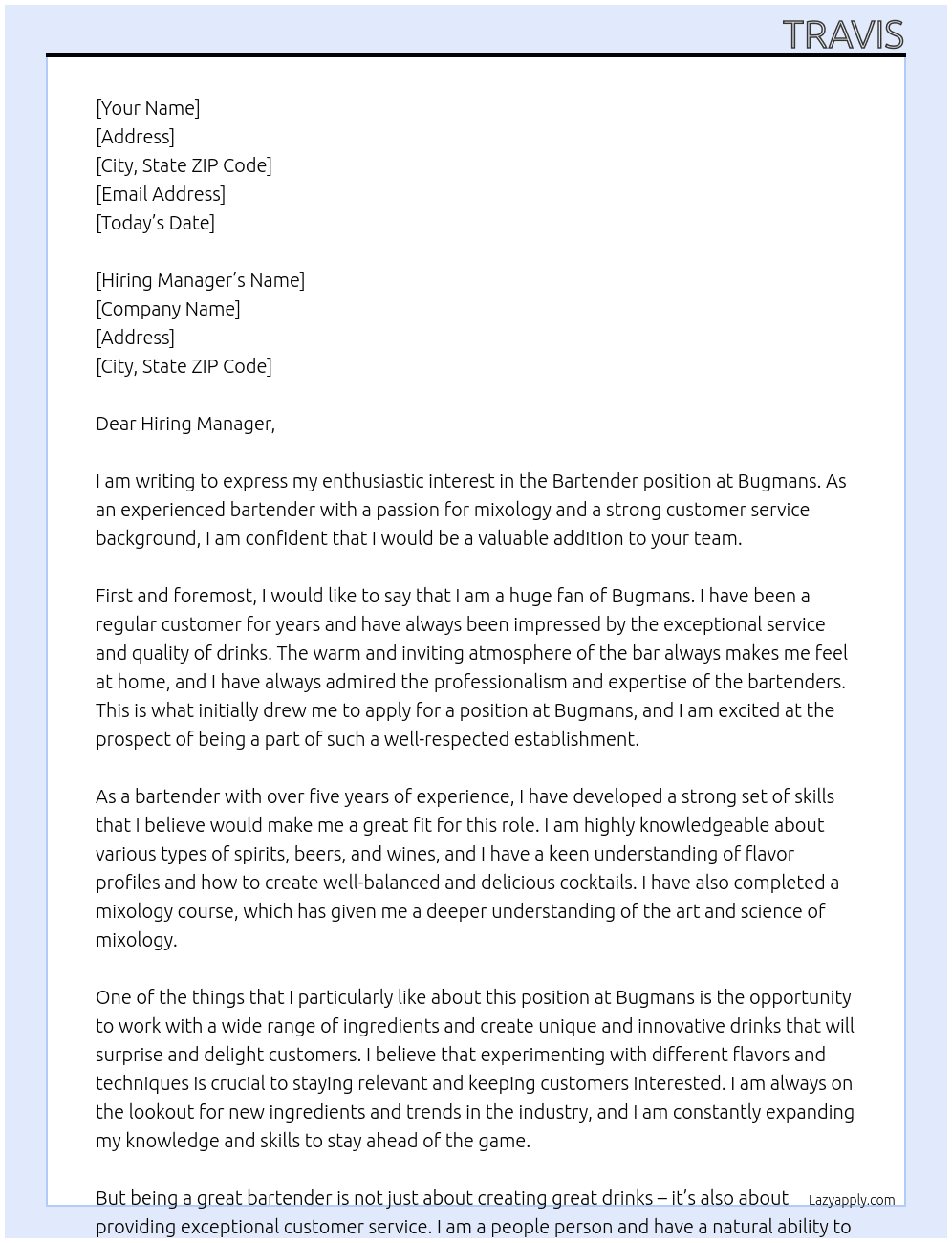 Bartender  At Bugmans Cover Letter