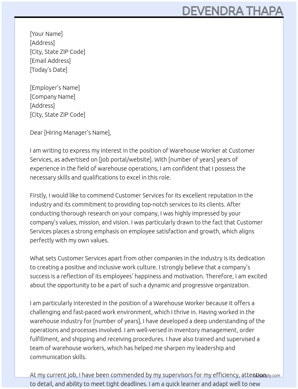 warehouse worker At customer services Cover Letter
