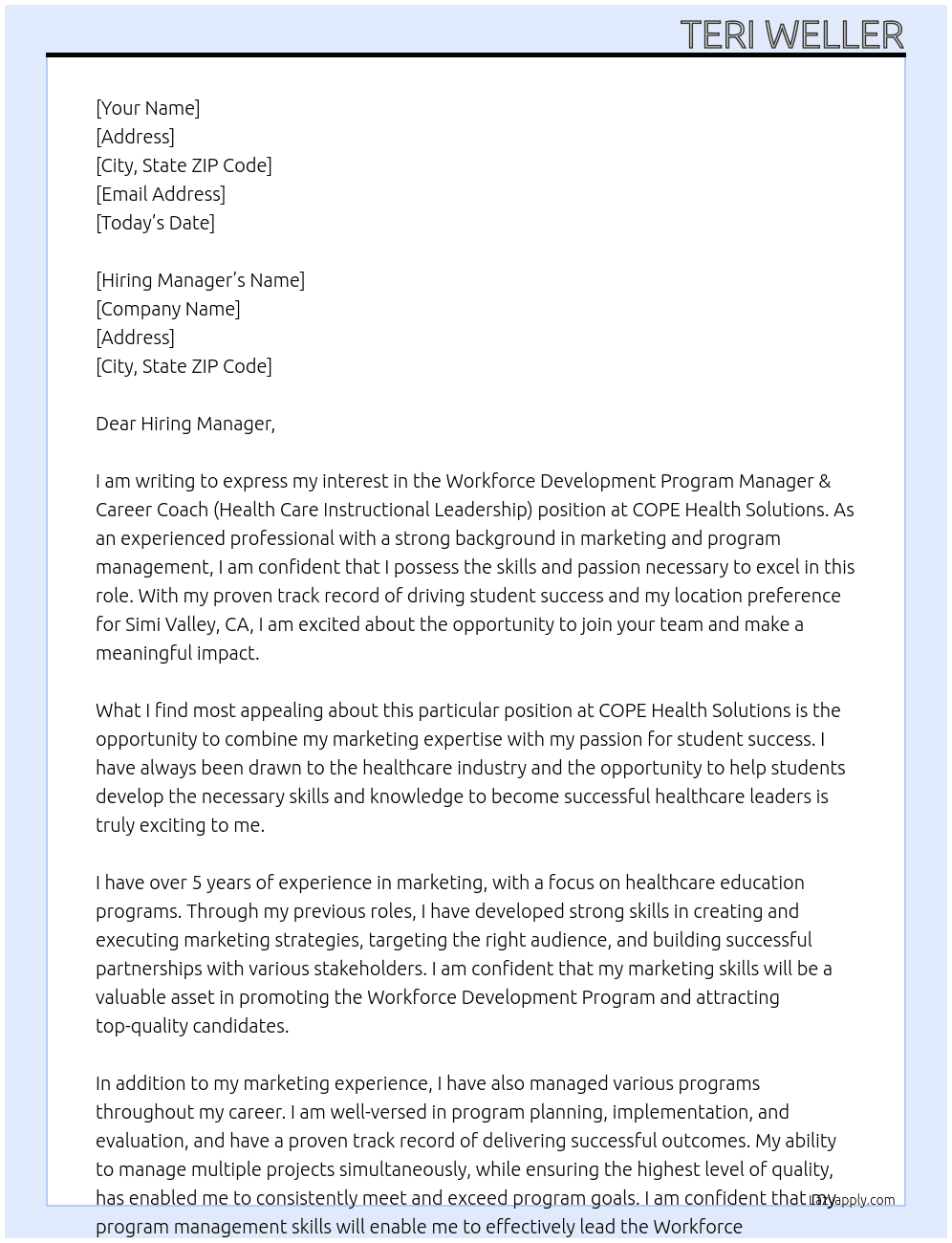 Workforce Development Program Manager & Career Coach (Health Care Instructional Leadership) At COPE Health Solutions Cover Letter