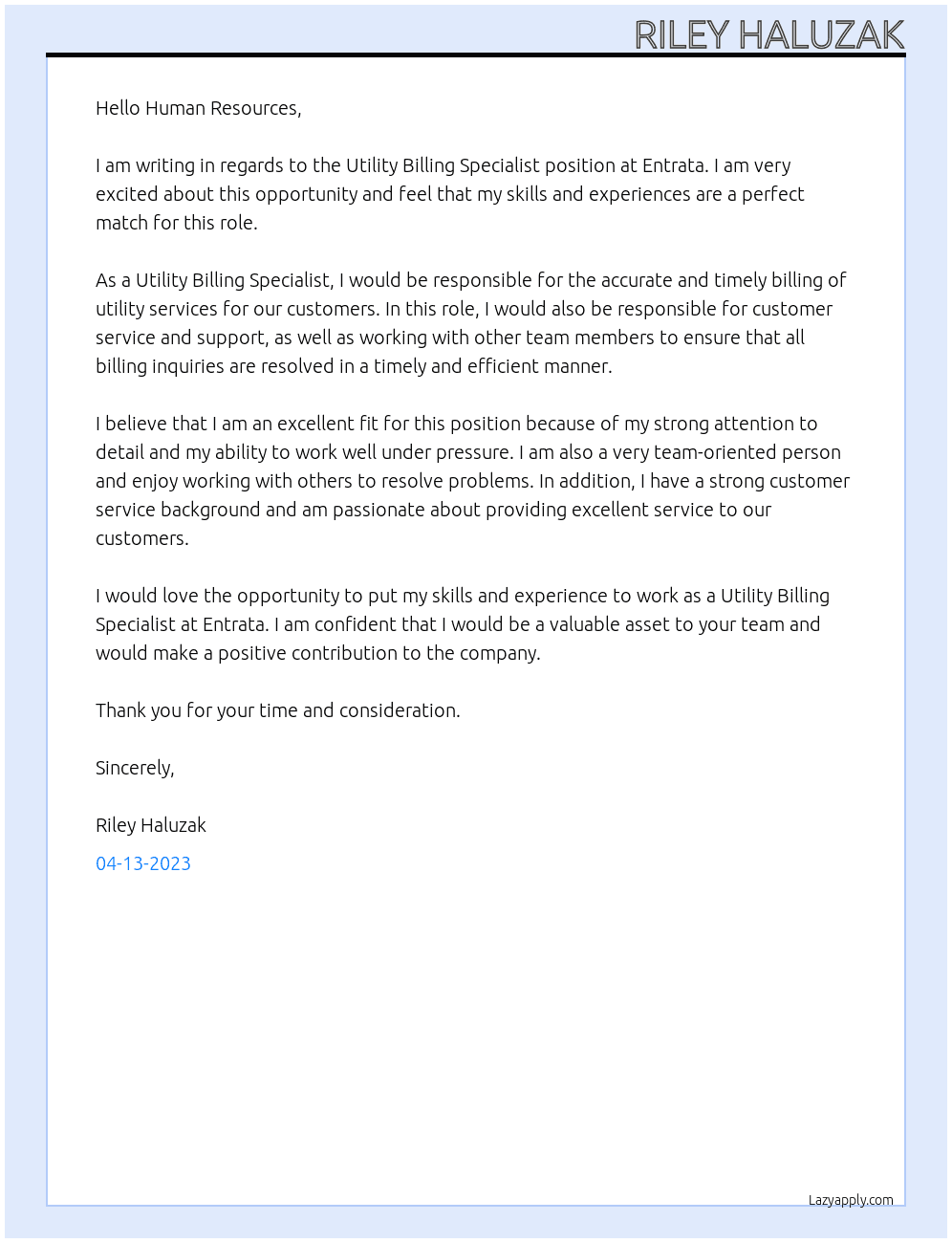 Utility Billing Specialist At Entrata Cover Letter