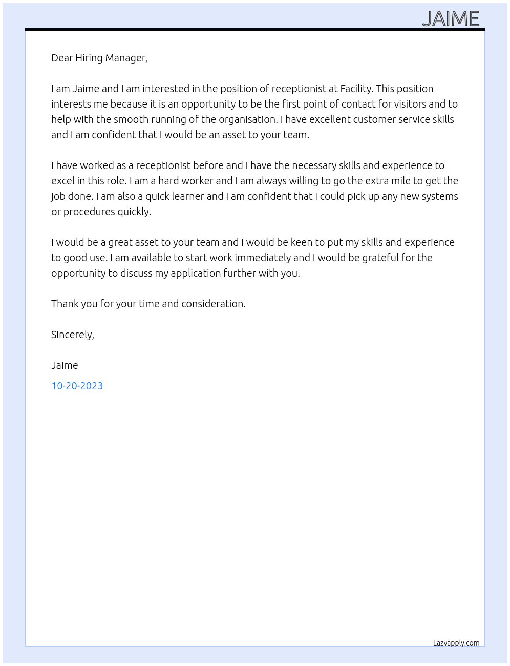 Receptionist  At Facility  Cover Letter