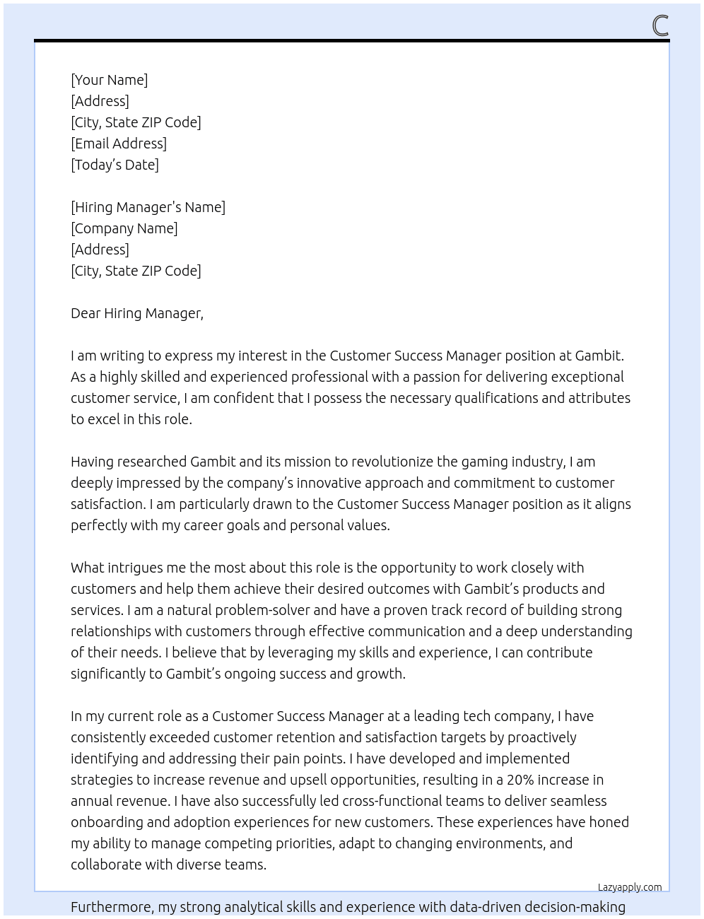 Customer success manager At Gambit Cover Letter