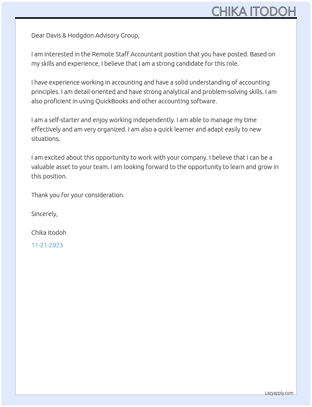 Remote Staff Accountant At Davis & Hodgdon Advisory Group  Cover Letter