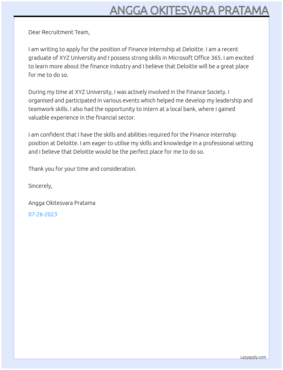Finance Internship At Deloitte Cover Letter