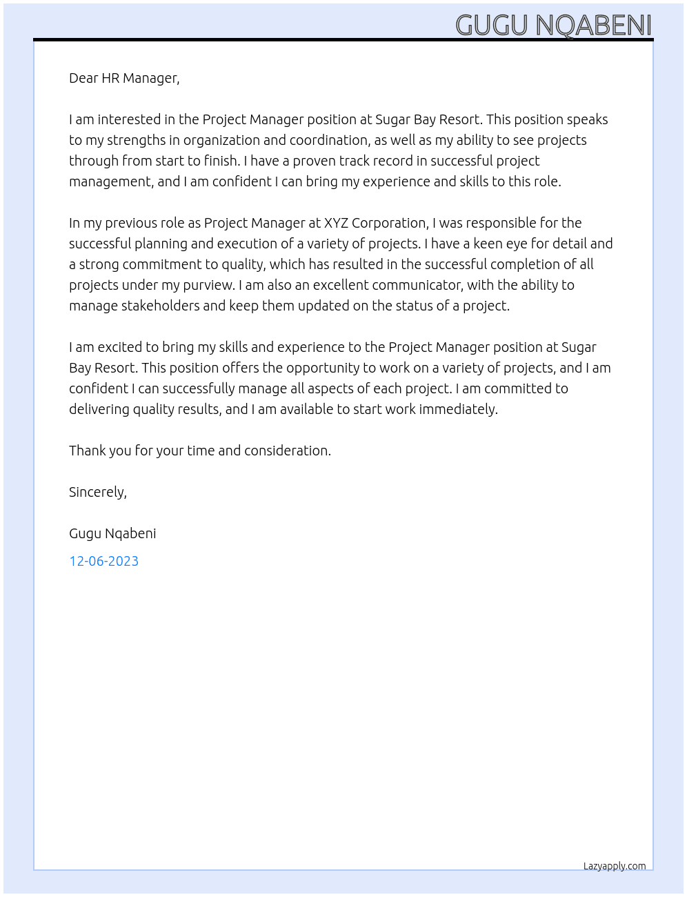 Project Manager At Sugar Bay Resort Cover Letter