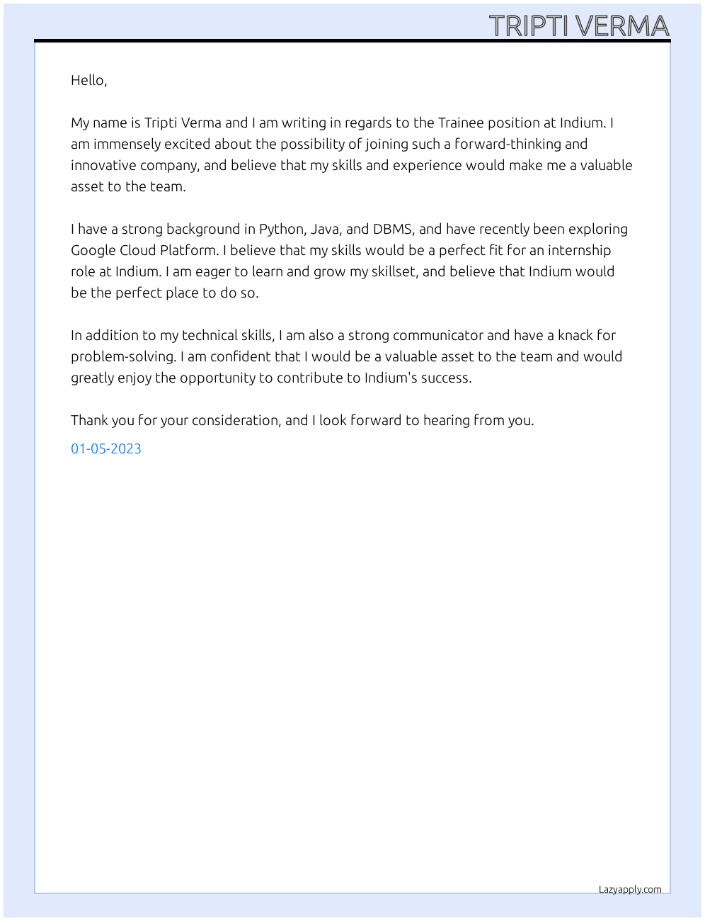 Trainee  At Indium Cover Letter