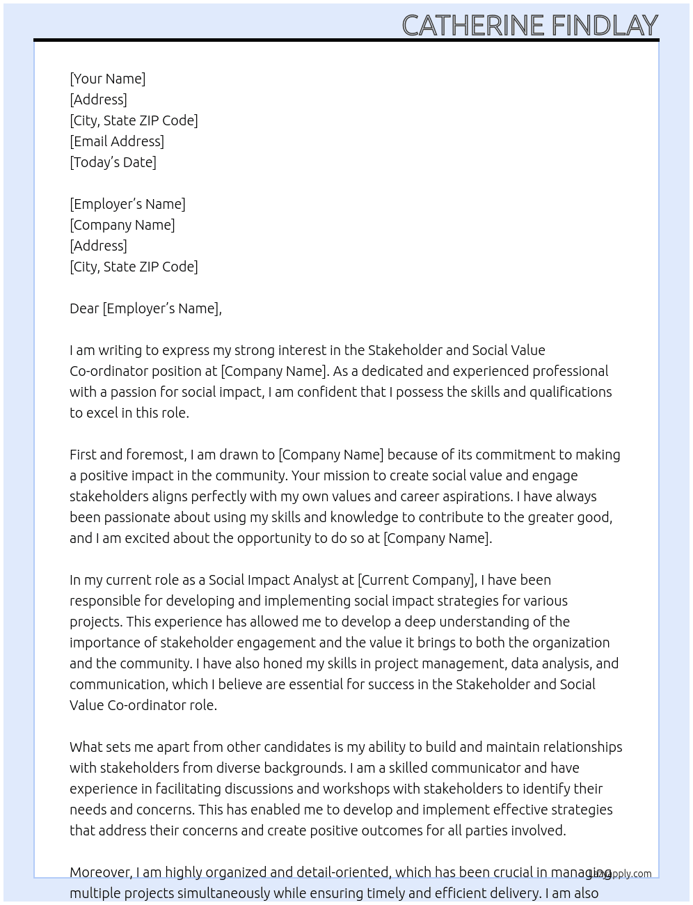 Stakeholder and Social Value Co-ordinator At ANy firm Cover Letter
