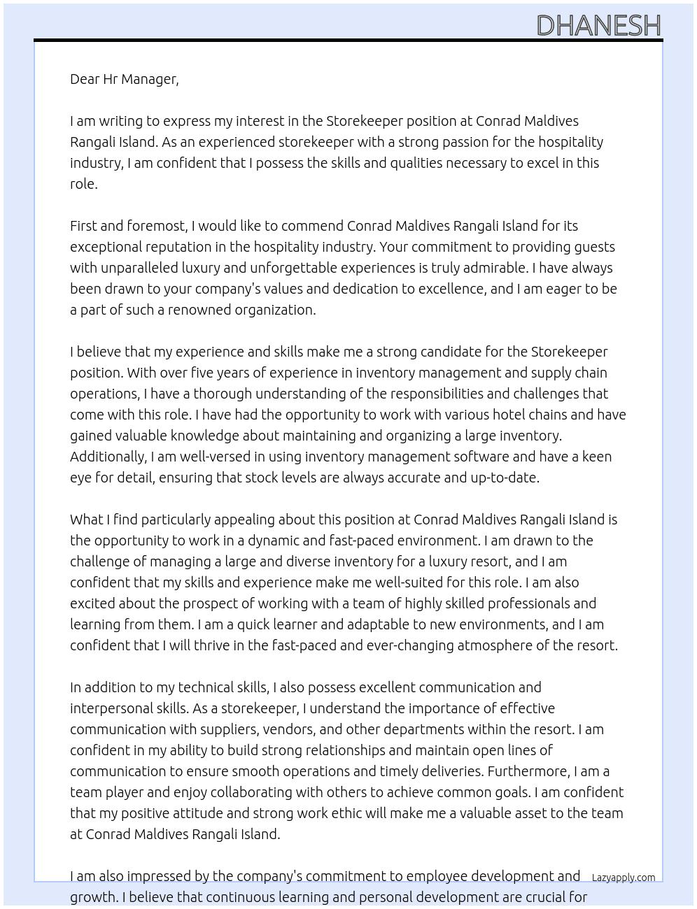 Storekeeper At Conrad Maldives Rangali Island Cover Letter