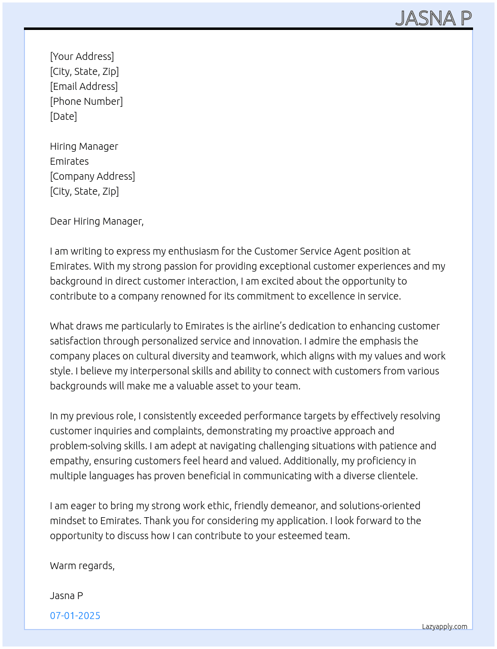 Customer Service Agent At Emirates Cover Letter