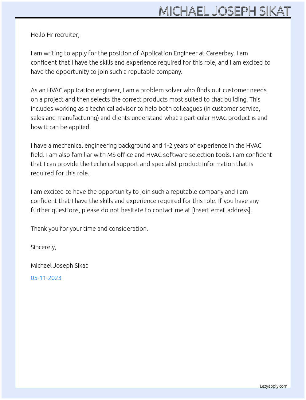 Application Engineer  At Careerbay Cover Letter