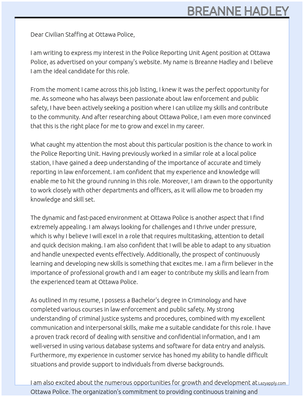 Police Reporting Unit Agent At Ottawa Police Cover Letter