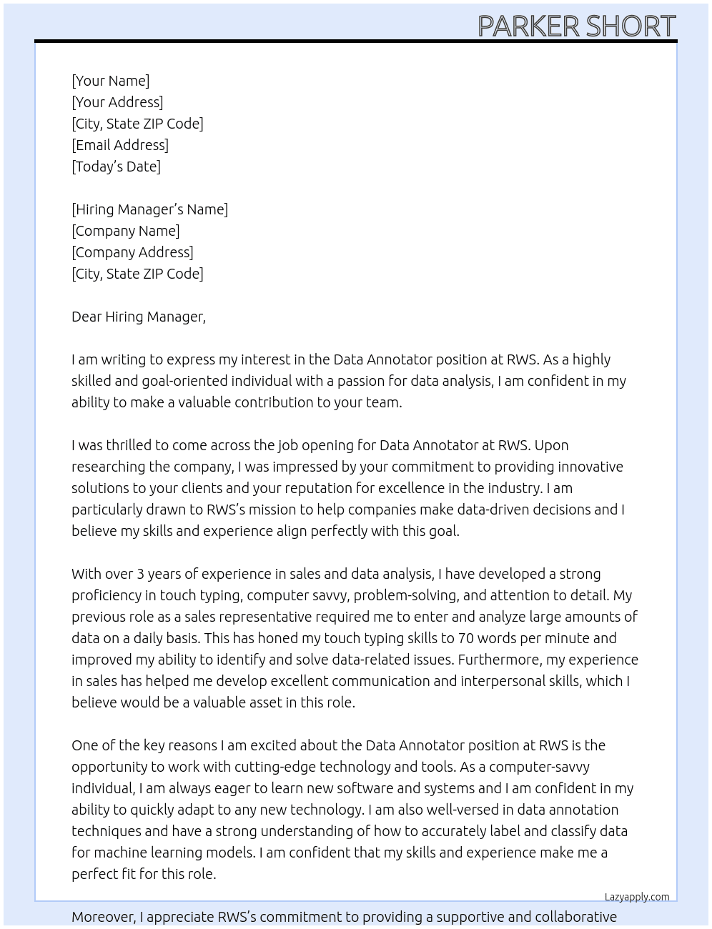 Data Annotator At RWS Cover Letter