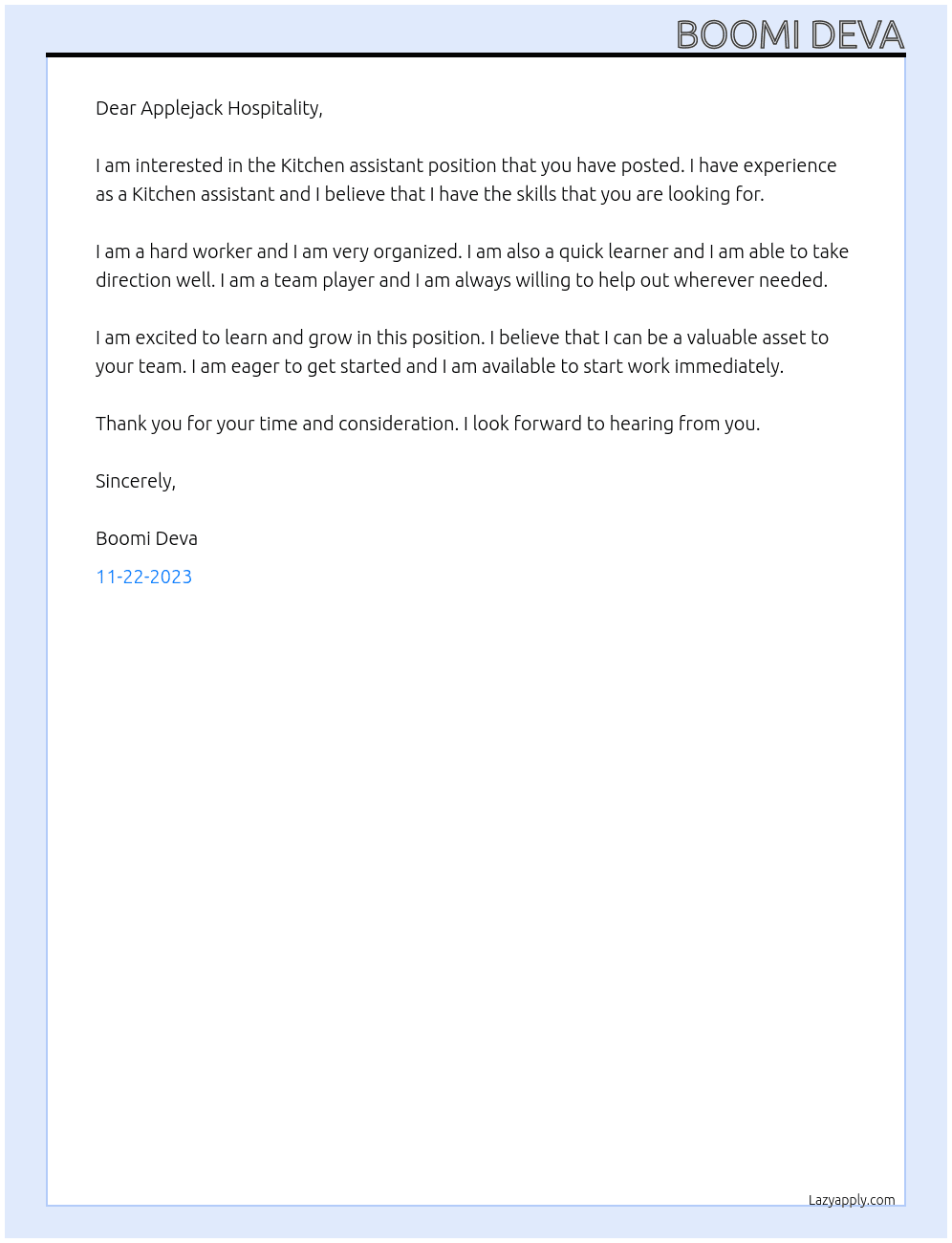 Kitchen assistant  At Applejack Hospitality  Cover Letter