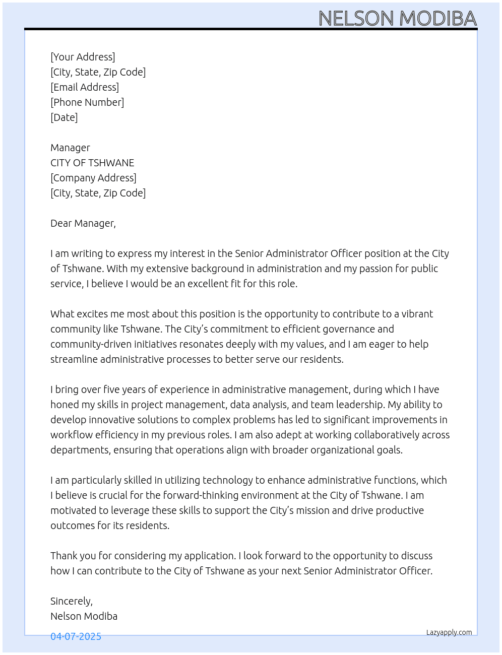Senior Administrator Officer At CITY OF TSHWANE Cover Letter
