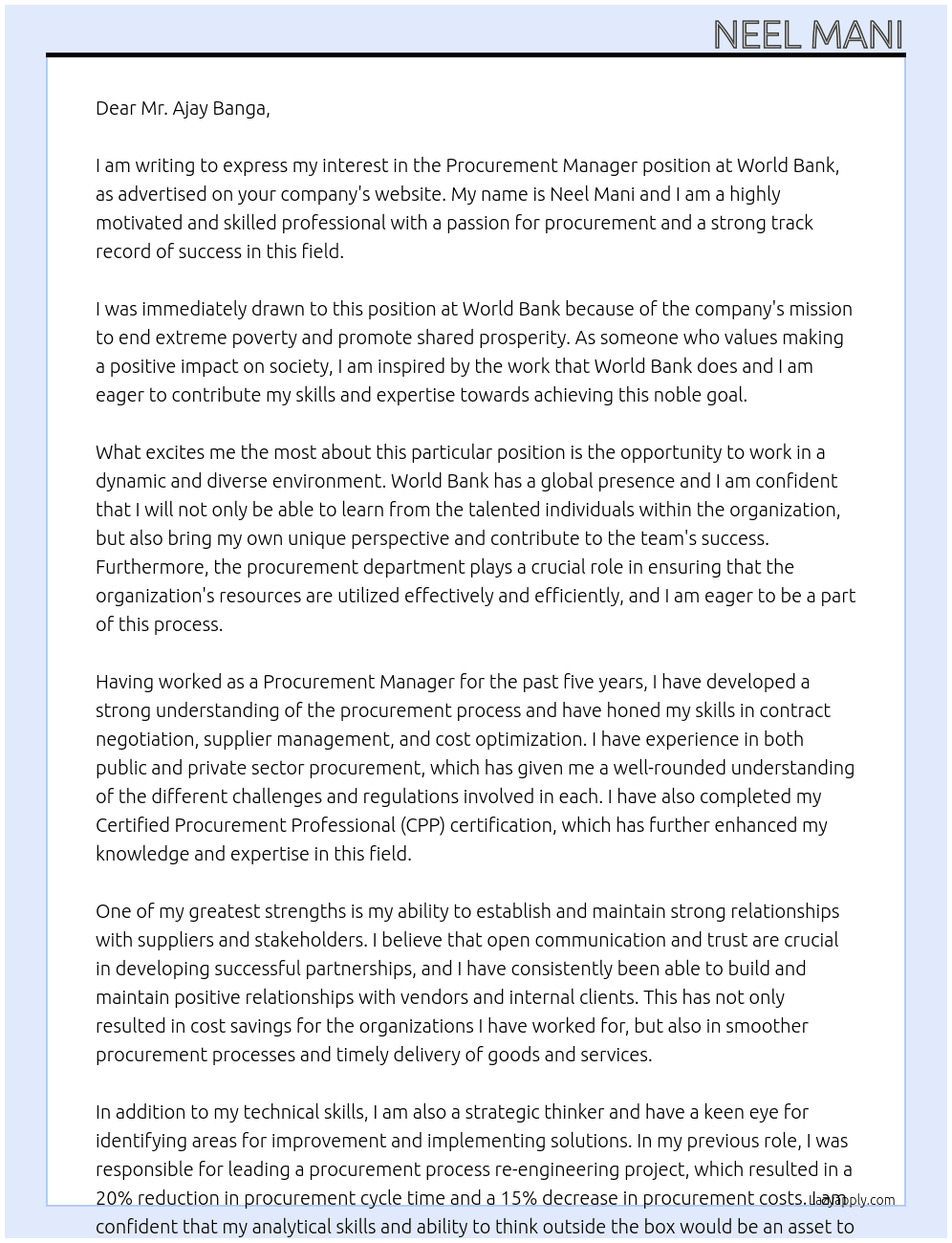 Procurement Manager At World bank  Cover Letter