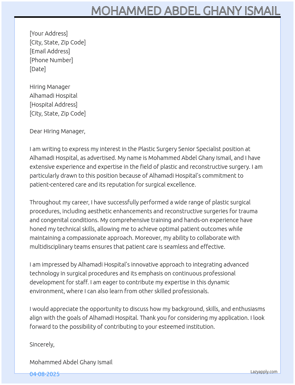 plastic surgery senior specialist At alhamadi hospital Cover Letter