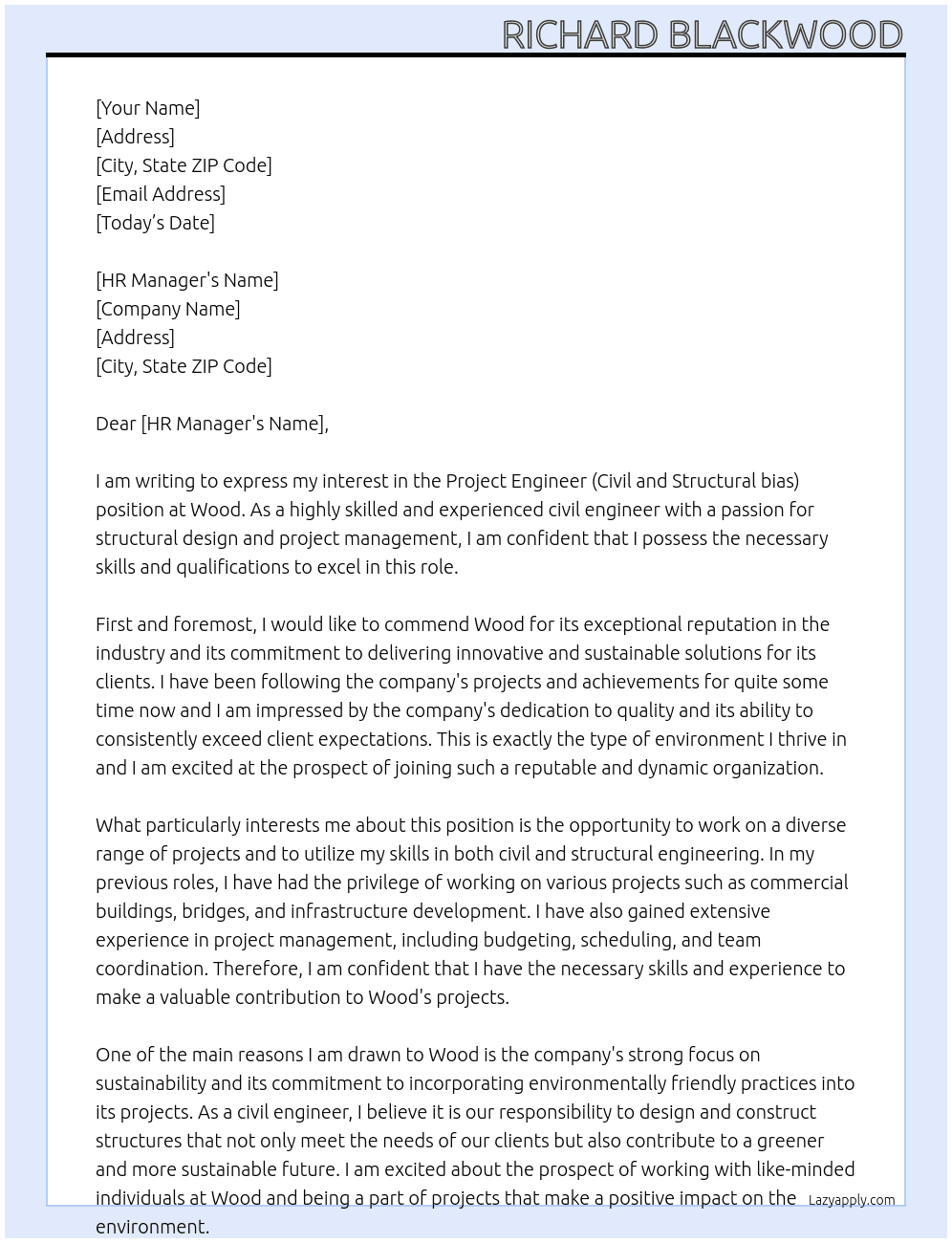 Project Engineer (Civil and Structural bias) At Wood Cover Letter