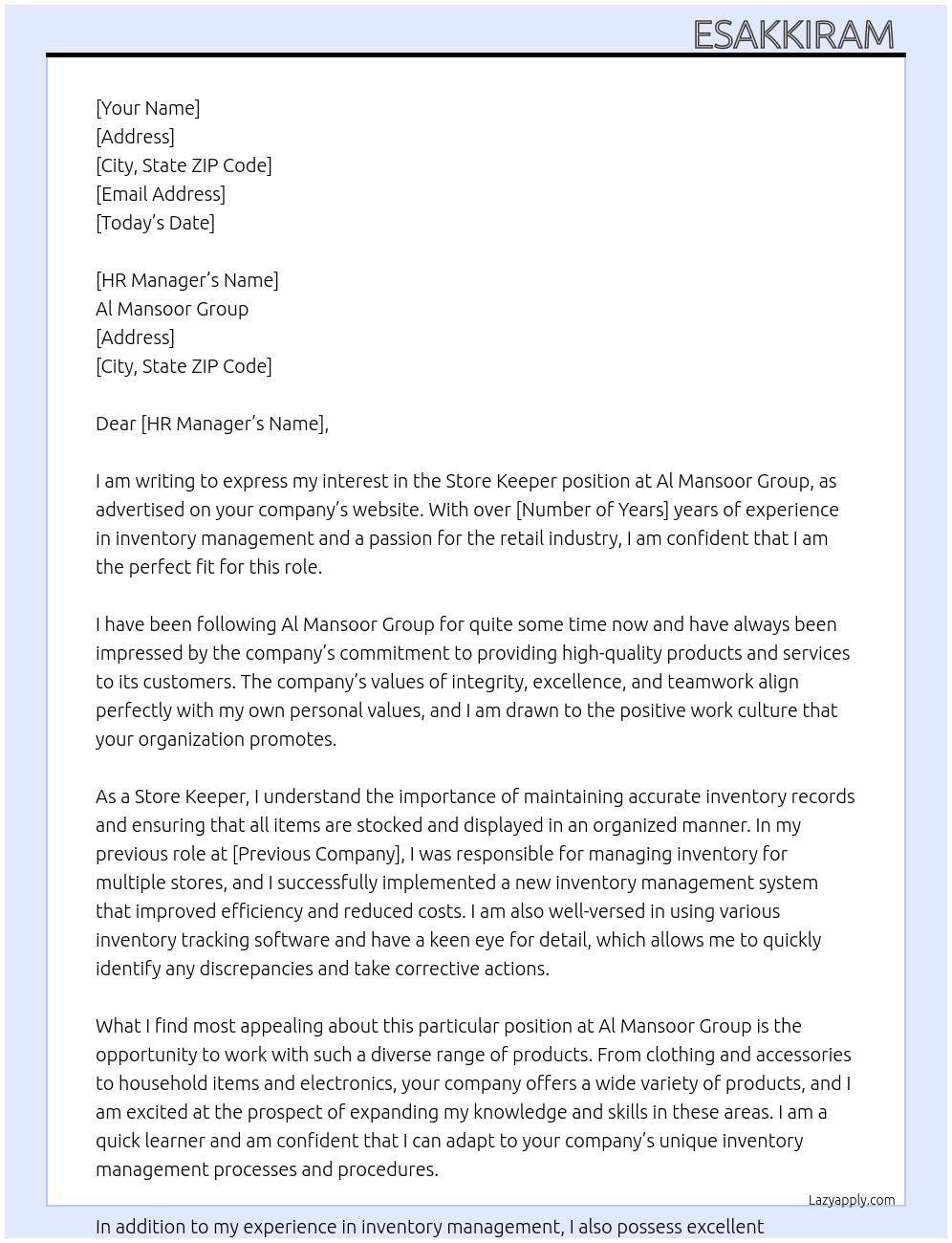 Store keeper  At Al Mansoor Group Cover Letter