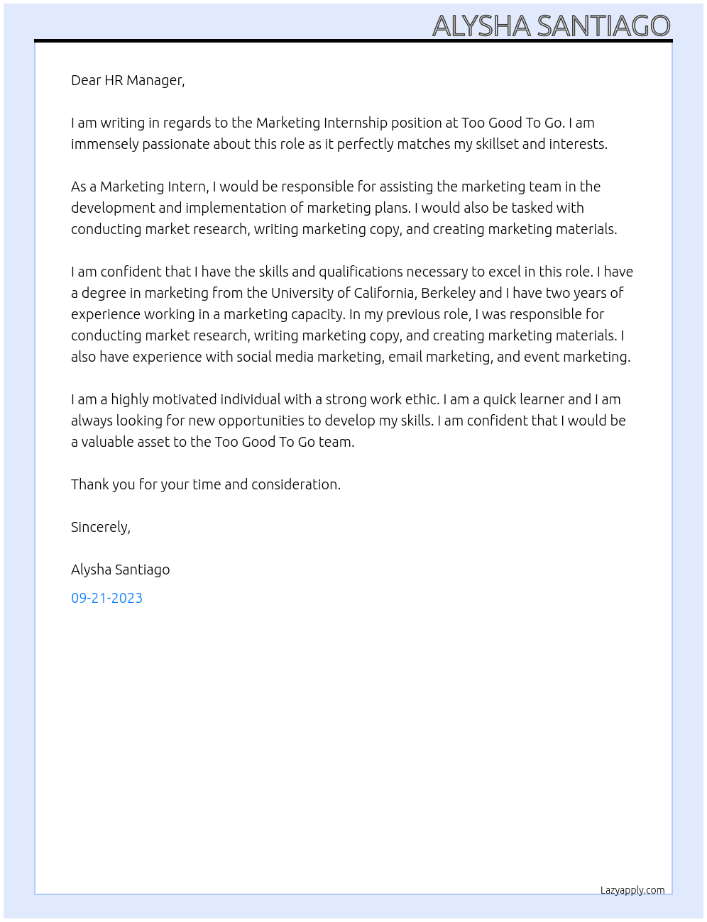 Marketing Internship At Too Good To Go Cover Letter