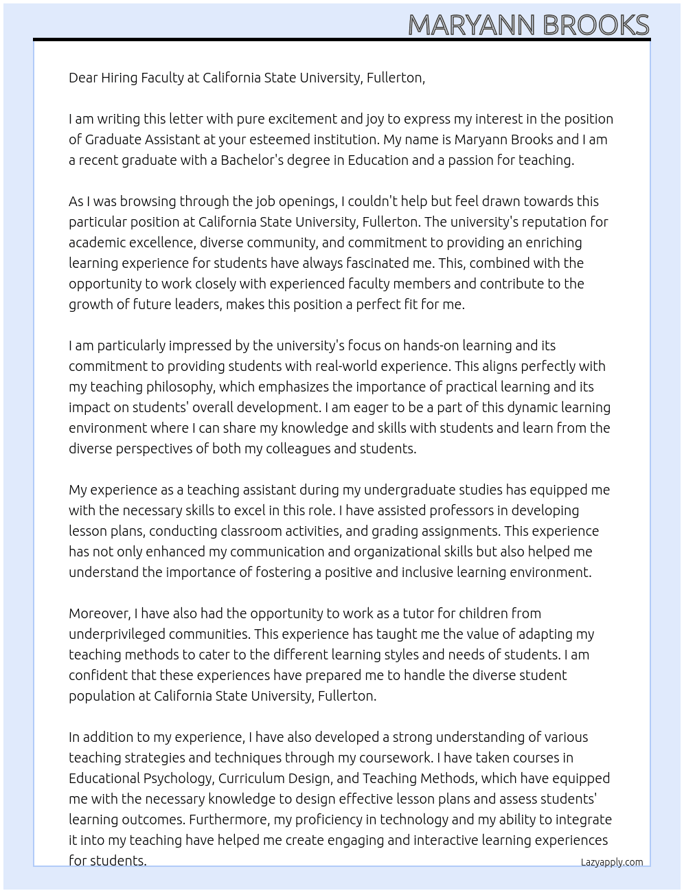 graduate assitant  At California State University, Fullerton  Cover Letter