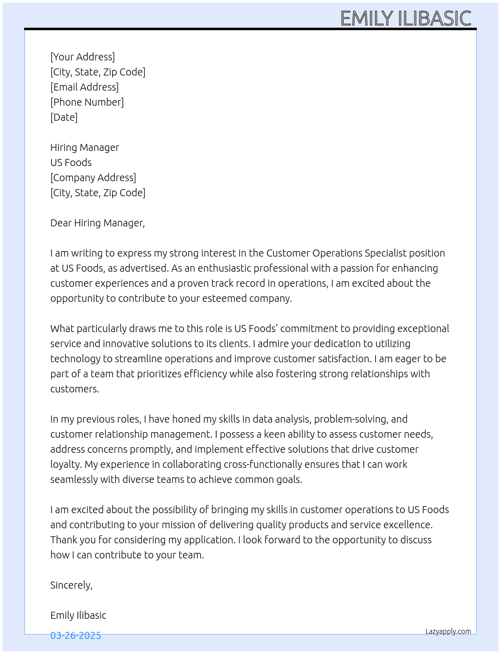 Customer Operations Specialist At US Foods Cover Letter