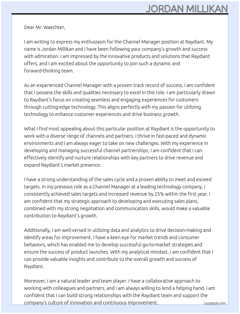 Channel Manager At Raydiant  Cover Letter
