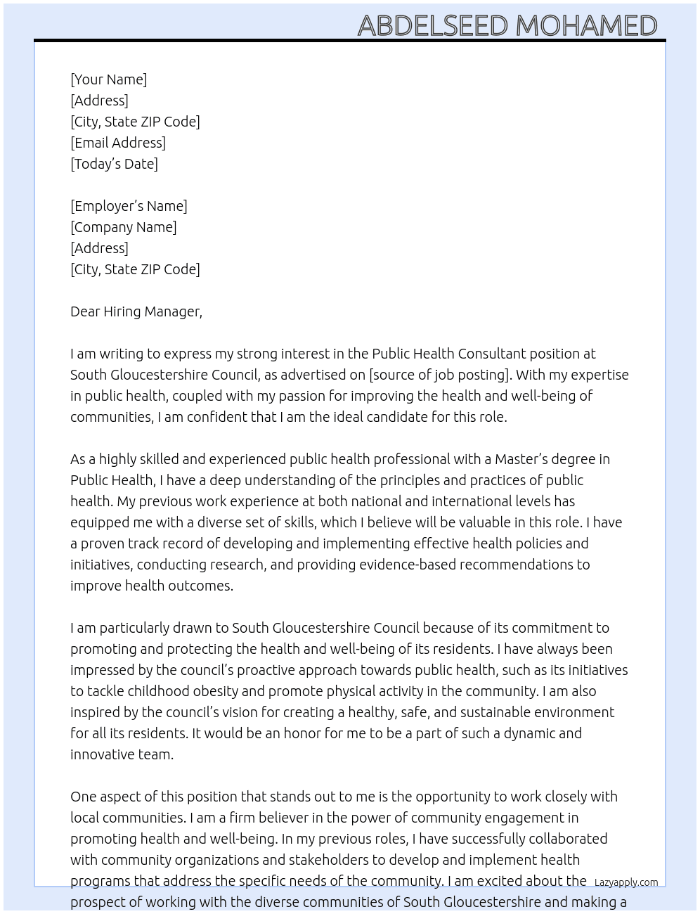 Public Health Consultant At South Gloucestershire Council Cover Letter