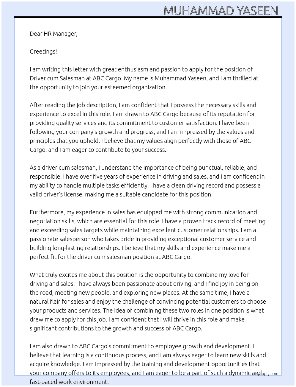 Driver cum Salesman At ABC Cargo Cover Letter