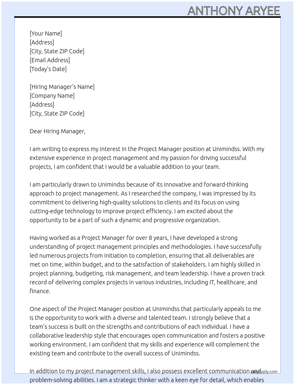 Project Manager At Unimindss Cover Letter