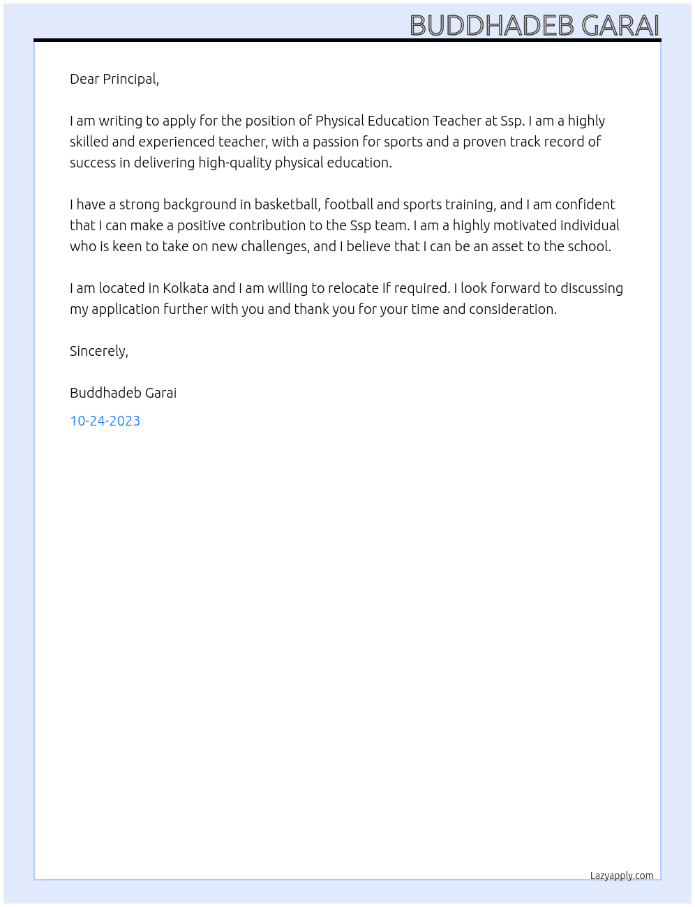 Physical Education Teacher At Ssp Cover Letter