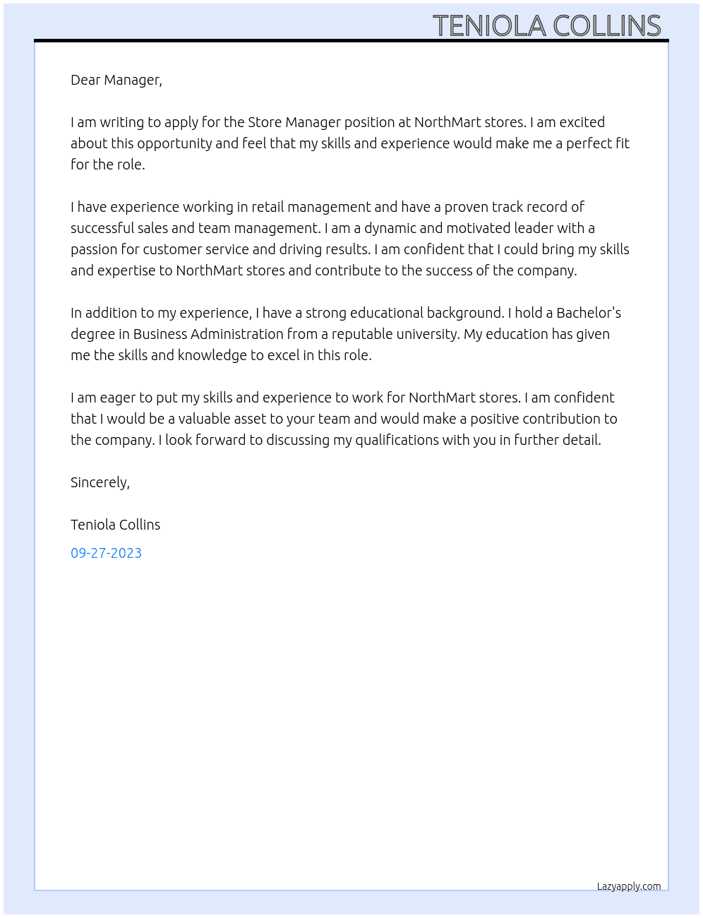 Store manager  At NorthMart stores Cover Letter