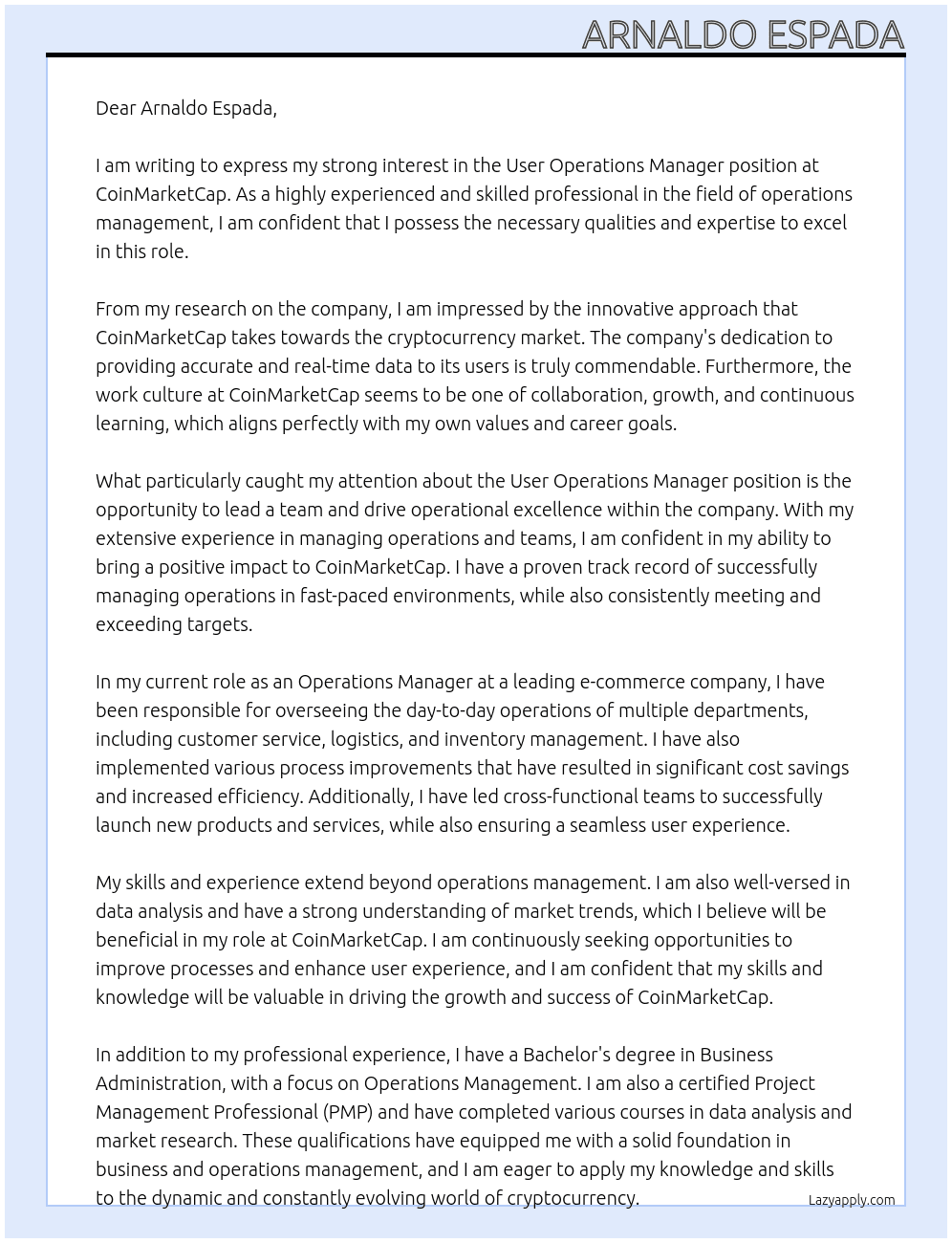 User Operations Manager At CoinMarketCap Cover Letter