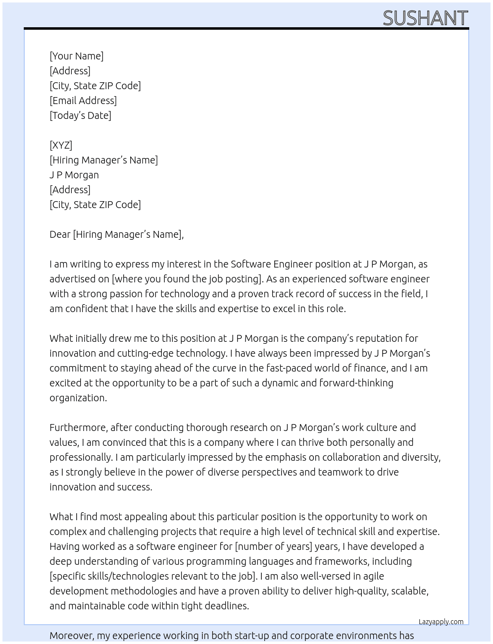 Software Engineer At J P Morgan Cover Letter