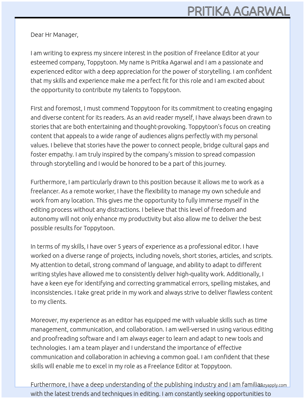 freelancer editor At toppytoon Cover Letter