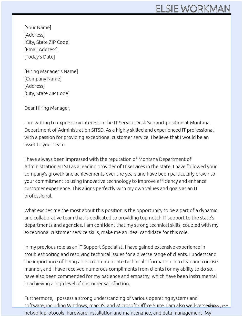IT Service Desk Support At Montana Department of Administration SITSD Cover Letter
